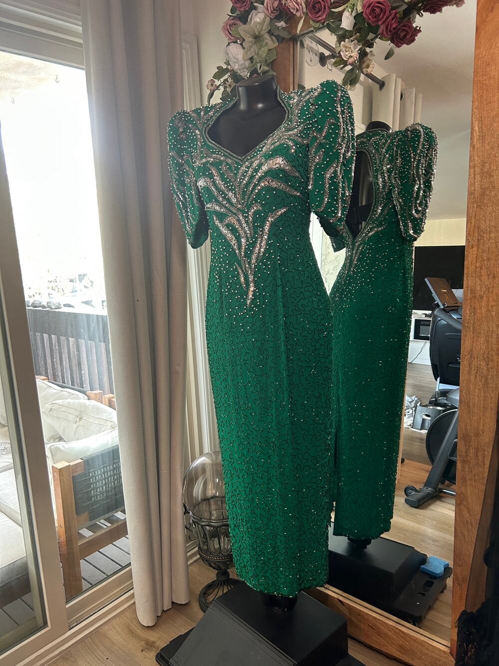 Vtg 80s Alyce Designs Green Silk Beaded Dress Open Back Sequin Sz 10 MSRP $500+